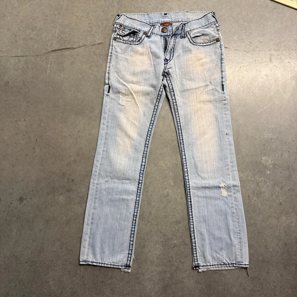 True Religion Billy Super T Light Wash Straight Leg Jeans Mens 32 Thick Stitch